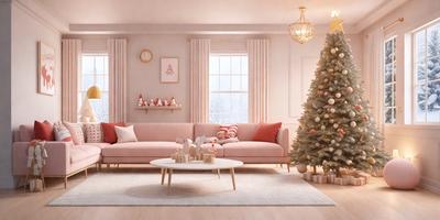 The primary subject of the image is a living room with a pink couch and a Christmas tree. The setting is a cozy, well-decorated space with a clock on the wall and a window. The visual style is a digital art or illustration, creating a warm and festive atmosphere. The colors and mood are predominantly pink and white, with the Christmas tree adding a touch of green and red.